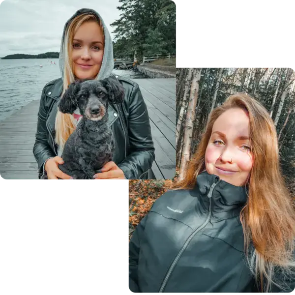 Two overlapping photos of Frida in the woods and by water with a dog in her lap