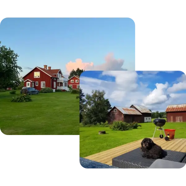 Two overlapping photos of a farm, a red hourse with blue sky and big green yard